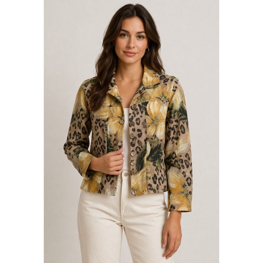 Chico’s Linen Jacket Size 2 Floral Leopard Print Button Front